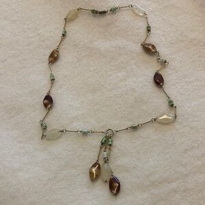 Vintage Stone Necklace - Gold Tone 28” Brown, Green, Cream Beads - Boho Chic